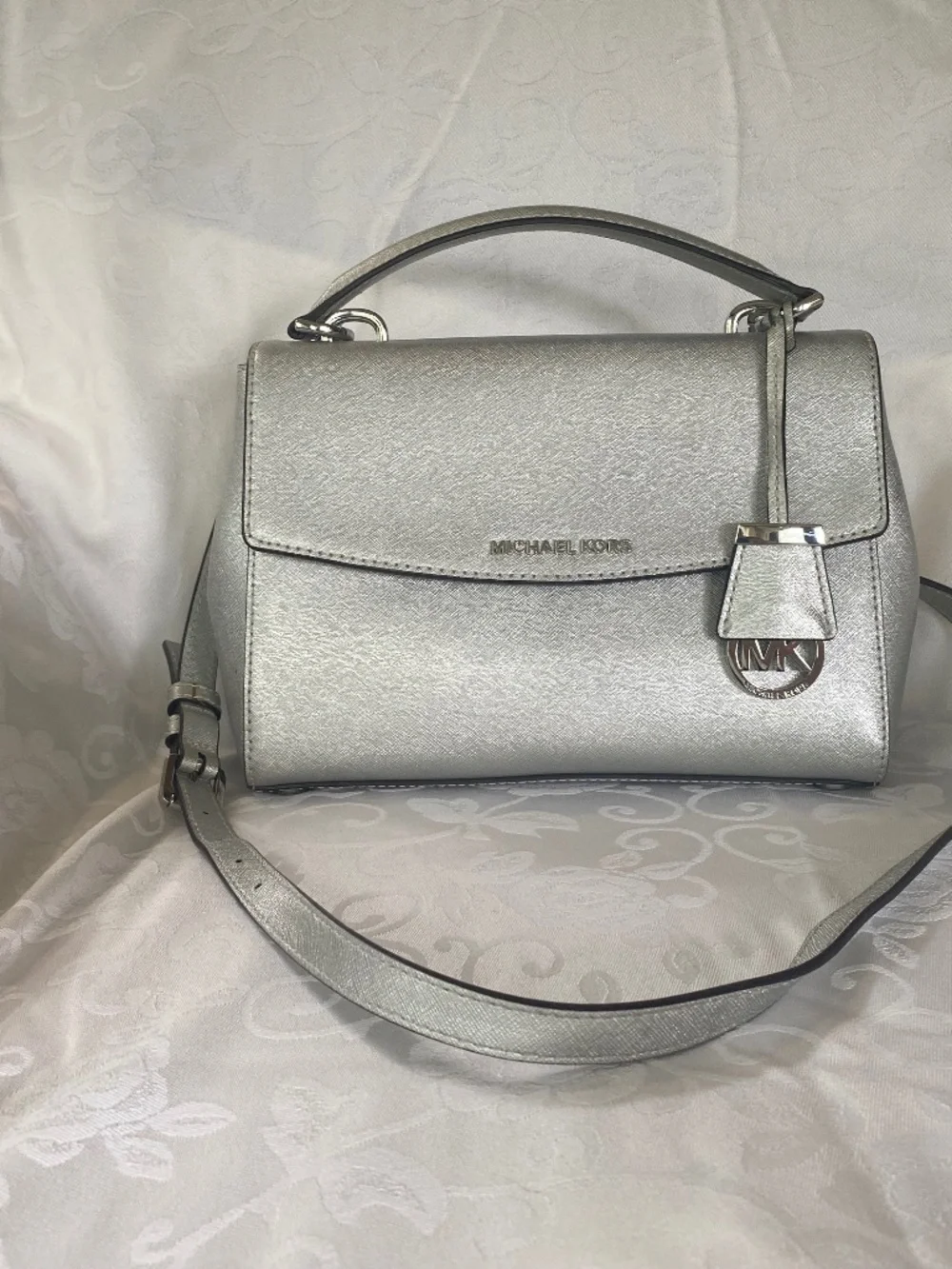 Michael Kors Silver Saffiano Leather Satchel Crossbody Bag